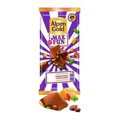 Шоколад Alpen Gold Max Fun Взрывная карамель мармелад печенье 140г