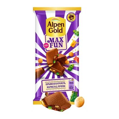 Шоколад Alpen Gold Max Fun Взрывная карамель мармелад печенье 130г
