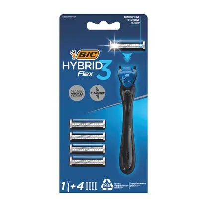 Бритва мужская BIC Hybrid 3 Flex 3 лезвия плавающая головка 1 ручка и 4 сменные кассеты