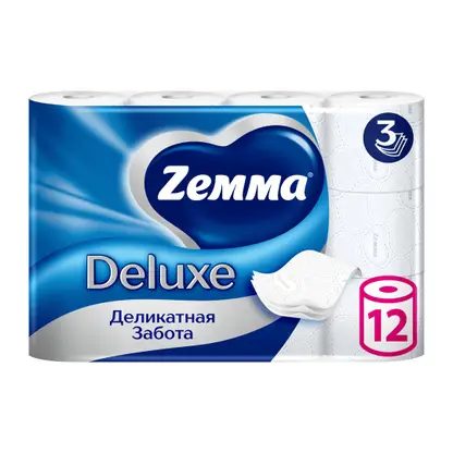 Туалетная бумага белая Deluxe Zemma 12 рулонов 3 слоя в ассортименте