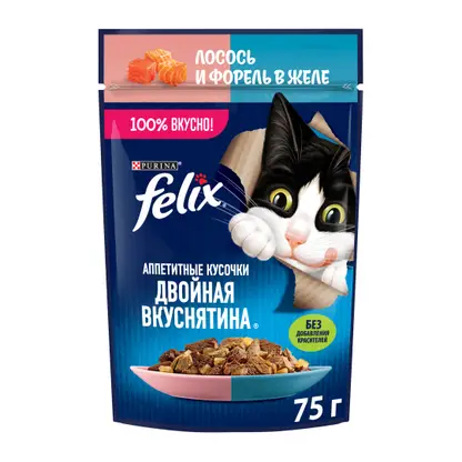 Влажный корм для кошек Двойная вкуснятина с лососем и форелью в желе Felix 75г