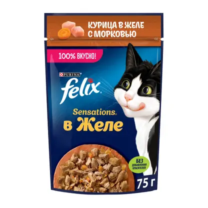 Влажный корм для кошек Sensations с курицей в желе с морковью Felix 75г