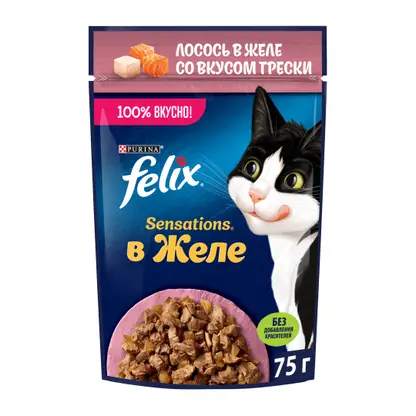 Влажный корм для кошек Sensations с лососем в желе со вкусом трески Felix 75г