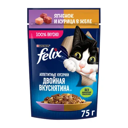 Влажный корм для кошек Двойная вкуснятина с ягненком и курицей в желе Felix 75г