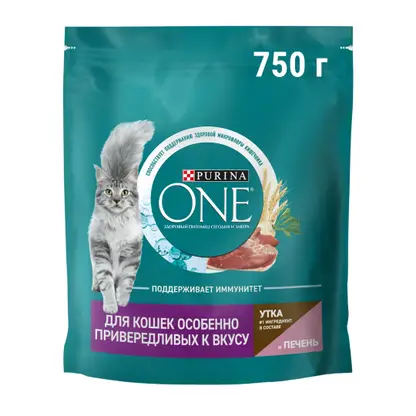 Сухой корм для кошек с уткой и печенью Purina ONE 750г