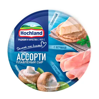 Сыр плавленый Hochland Синее ассорти сливочный с ветчиной с грибами порционный 50% 140г