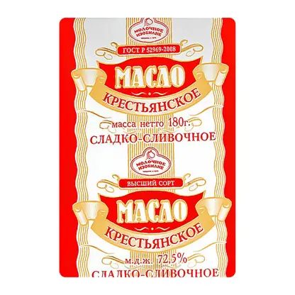Масло сливочное Молочное Изобилие Крестьянское 72.5% 180г