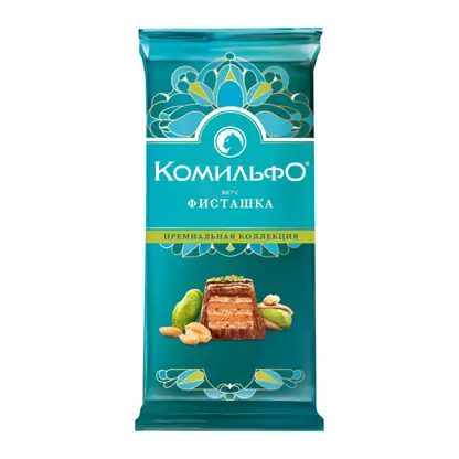Шоколад молочный и белый с вафлей фисташка Комильфо 102г