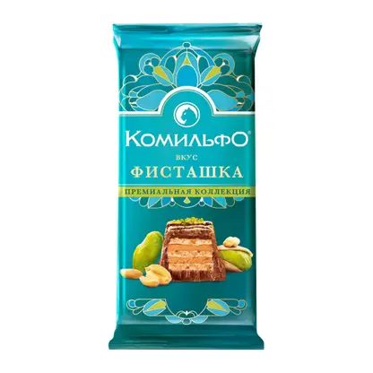 Шоколад молочный и белый с вафлей фисташка Комильфо 102г