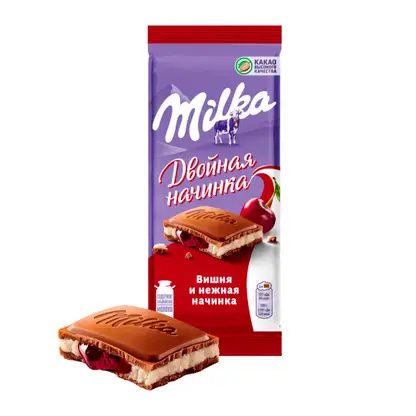 Шоколад Milka молочный Двойная начинка вишня и нежная начинка 80г