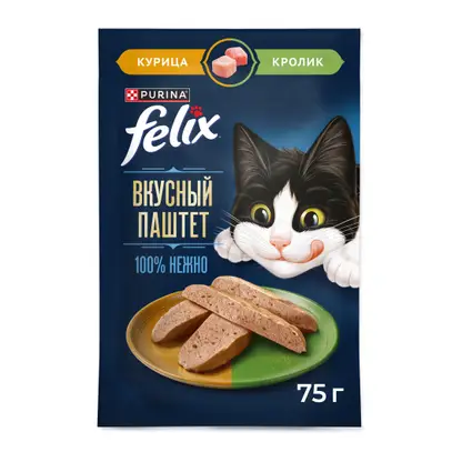 Влажный корм для взрослых кошек паштет с курицей и кроликом Felix 75г