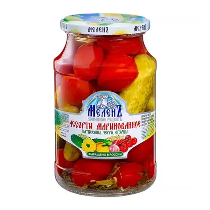 Ассорти маринованное Патиссоны-Черри-Огурцы Меленъ 680г