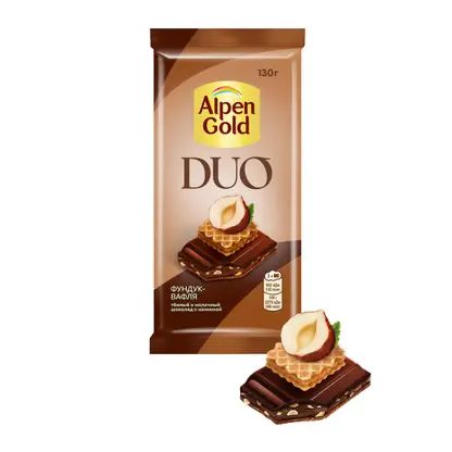 Шоколад темный и молочный с начинкой фундук-вафля Alpen Gold Duo 130г